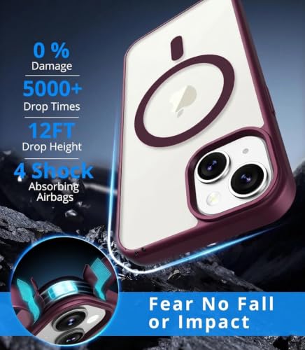 Image of DIZORO iPhone 14 Case,Compatible with MagSafe, Non Yellow Military-Grade Drop Protection & Hard PC Back Cover Slim Transparent Anti-Scratch Shockproof Phone Case - Wine Red