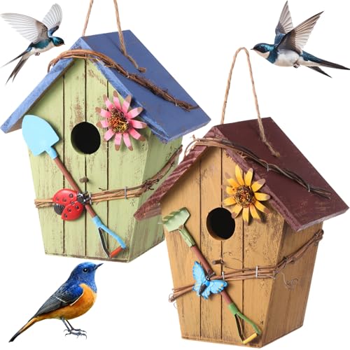 DoubleFill 2 Pcs Decorative Birdhouse for Yard Outside Hanging Wooden Birdhouse Hand Painted Bird Box for Bird Lovers Bluebird Tree Swallow Wild Chickadee Garden Decor(Bright Color,Wooden Roof)