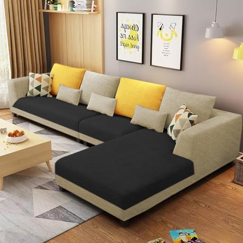 Image of Galib RHS 6 Seater L Shape Sofa Set for Living Room (Cream Black Fabric) Premium Fabric Sofa