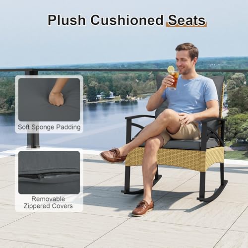 Image of Tangkula 3 Pieces Wicker Outdoor Rocking Chairs Set | Heavy Duty | Cushioned | Rattan Rocker Bistro Set w / 2-Tier Tempered Glass Coffee Table for Garden, Balcony, Backyard