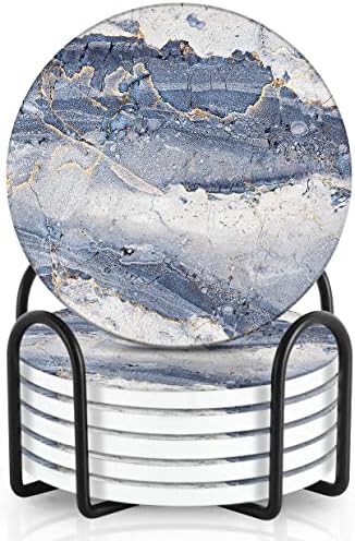 Emerson Essentials Coasters for Drinks Absorbent with Holder, Set of 6, Cork Bottom Ceramic Stone Marble Style for Wooden Coffee Bar Tables, Glass Tabletop Non Slip, Natural Stone
