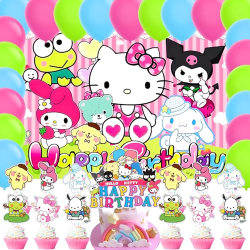 Kawaii and Friends Birthday Decorations Kawaii and Friends Backdrops for Party Decorations Supplies Happy Birthday Banner Backdrop for Party Supplies (5x3ft)
