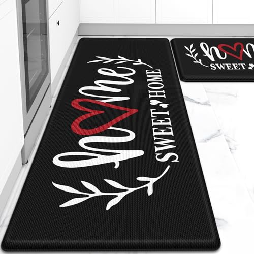 HappyTrends Kitchen Mat for Floor, 2PCS Cushioned Anti-Fatigue Kitchen Rugs, Waterproof Non-Slip Standing Mats and Rugs Set for Kitchen, Office, Laundry, Black, 17.3
