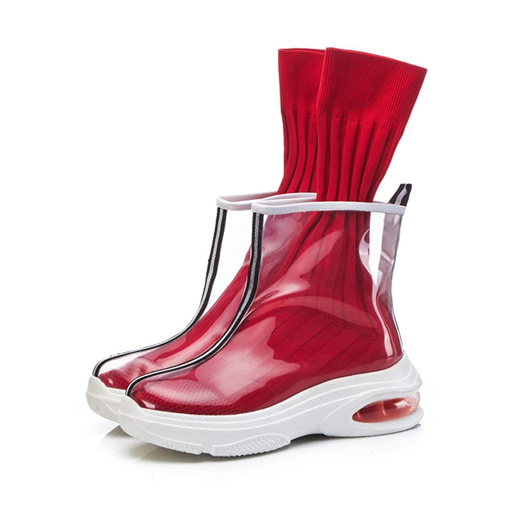 Hy Women's Socks Shoes,Spring/Fall / Winter Elastic Booties Ankle Boots, Ladies Transparent PVC Stockings Shoes,Student Casual Shoes Sneakers Running Shoes (Color : Red, Size : 35)