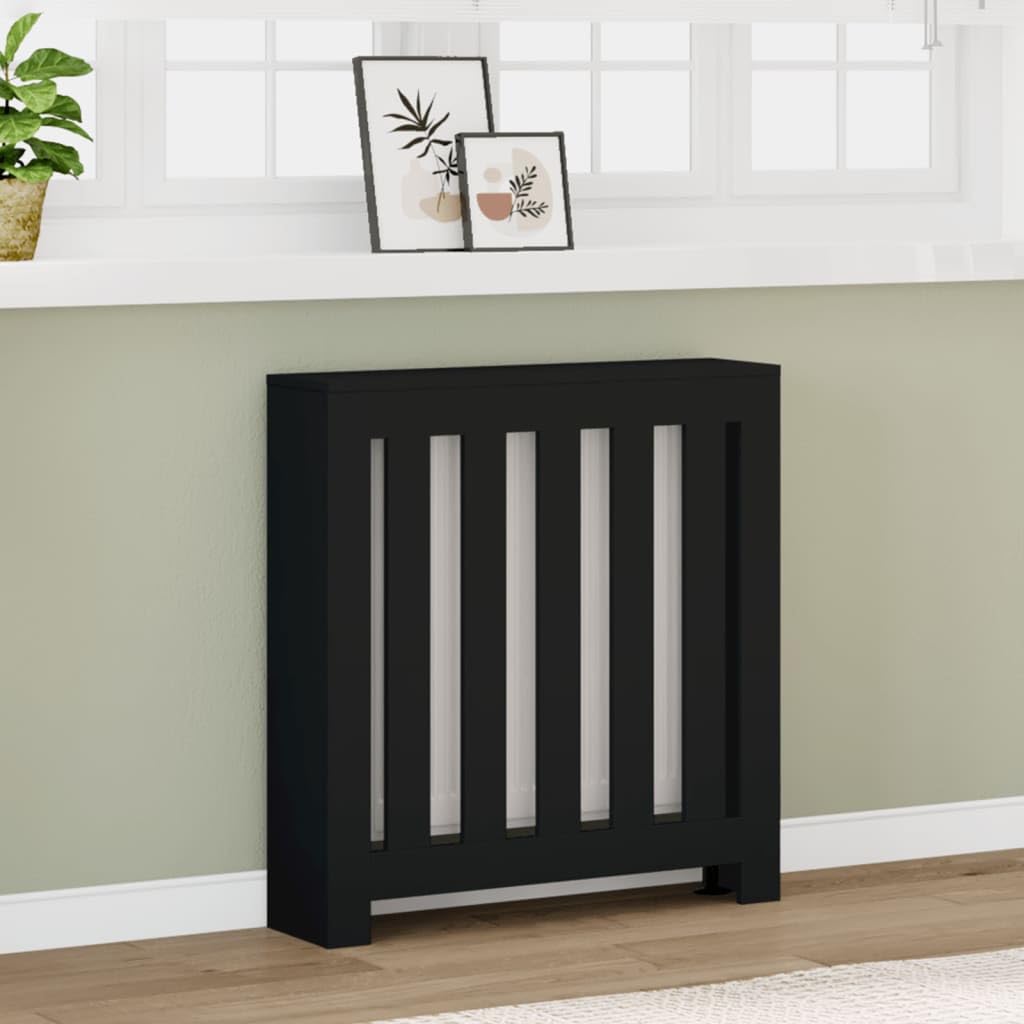 Heizkörperverkleidung Schwarz 78x20x82 cm aus Holzwerkstoff mit vertikalen Latten, wand montage mit halterung, dekorative abdeckung für radiator heizung und wohnzimmer