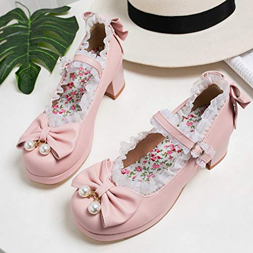Image of LUXMAX Women Kawaii Mid Block Heel Mary Jane Rockabilly Pumps with Bow Platform Chunky Heel Cute Sweet Shoes
