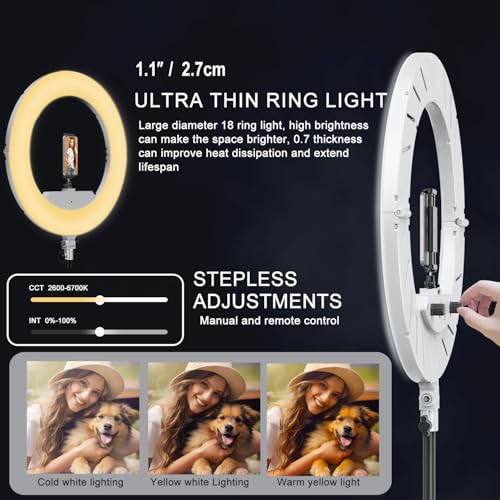 Image of Ring Light Kit:18 inch /45cm Outer 55W6700k Dimmable LED Light, Tripod Stand, Remote Controller,Box for Camera,Smartphone,YouTube,TikTok,Self-Portrait Shooting,CRI95,White