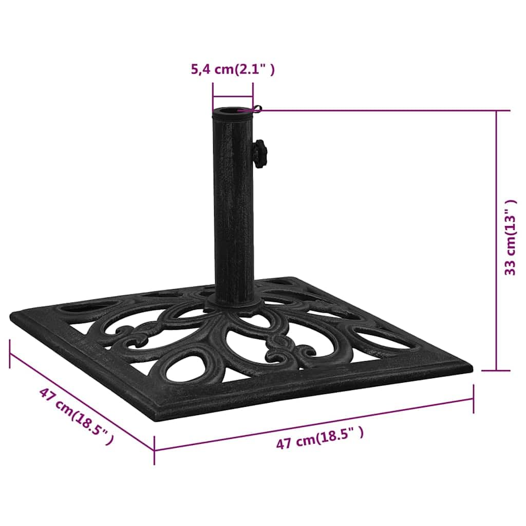 Supporto per ombrellone nero, in ghisa, 47 x 47 x 33 cm, con adattatore per aste da 35/38/48 mm, per balcone, terrazza, giardino, base stabile con motivo floreale decorativo e peso robusto