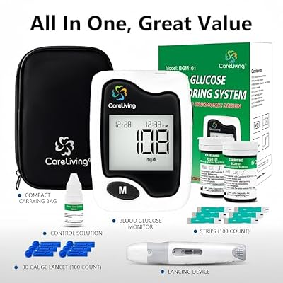 مجموعة مراقبة الجلوكوز في الدم CareLiving BGM101، 100 شريط اختبار، 100 مشارط، 1 مقياس الجلوكوز في الدم، 1 جهاز الوخز، مجموعة اختبار مرض السكري، مجموعة اختبار السكر في الدم المحمولة، مجموعة مقياس السكر للمنزل، أسود