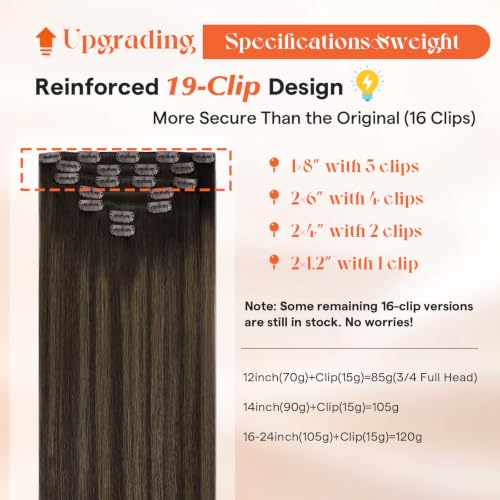 Image of Sunny Hair Clip in Hair Extensions Real Human Hair Balayage | 20 Inch Remy Human Hair Clip in Extensions Chestnut Brown Balayage with Double Weft, Natural Movement and Flowing Shape 120g