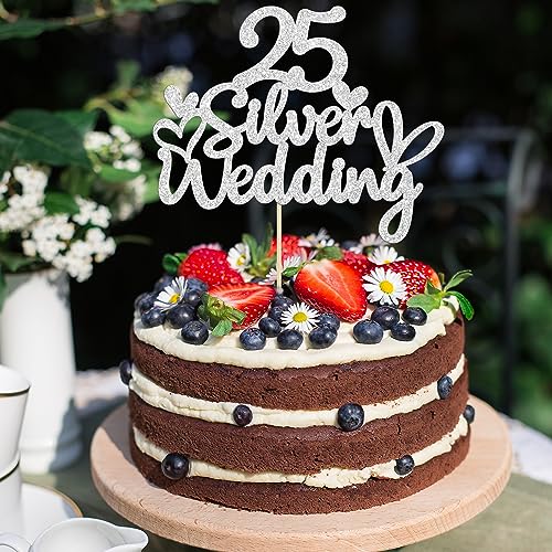 Gyufise 1Pcs 25th Wedding Anniversary Cake Toppers Silver Glitter 25th Wedding Anniversary Heart Cake Decoration for Celebration Party Supplies - Image 4