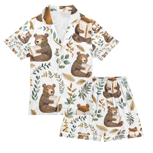 senya Cute Bears Read Books Satin Summer Pajama Sets Silk Short Sleeve Button Down Sleepwear