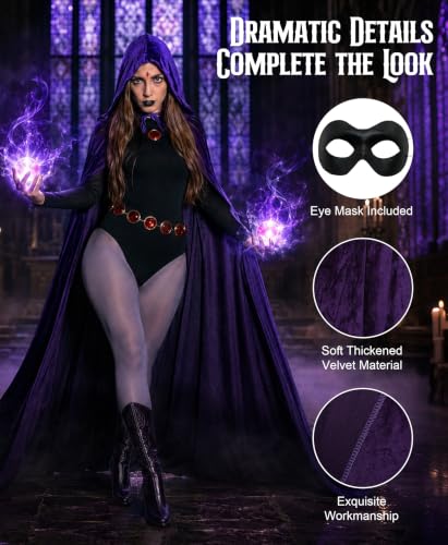 Image of Raven Costume for Women, 6 Pcs Raven Cosplay Costume Set with Purple Hooded Cloak Bodysuit Gray Tights Halloween Party Outfit