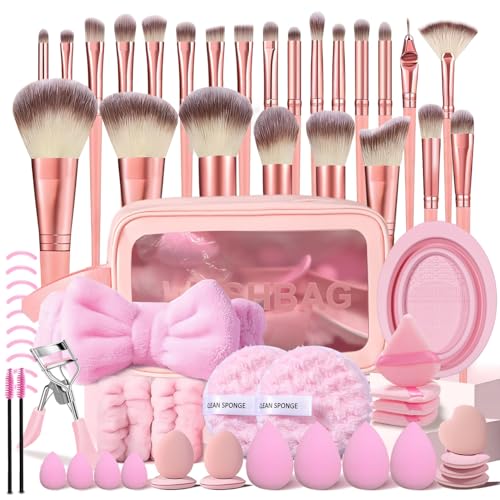 Lot de 65 pinceaux de maquillage pour débutants avec pochette de rangement