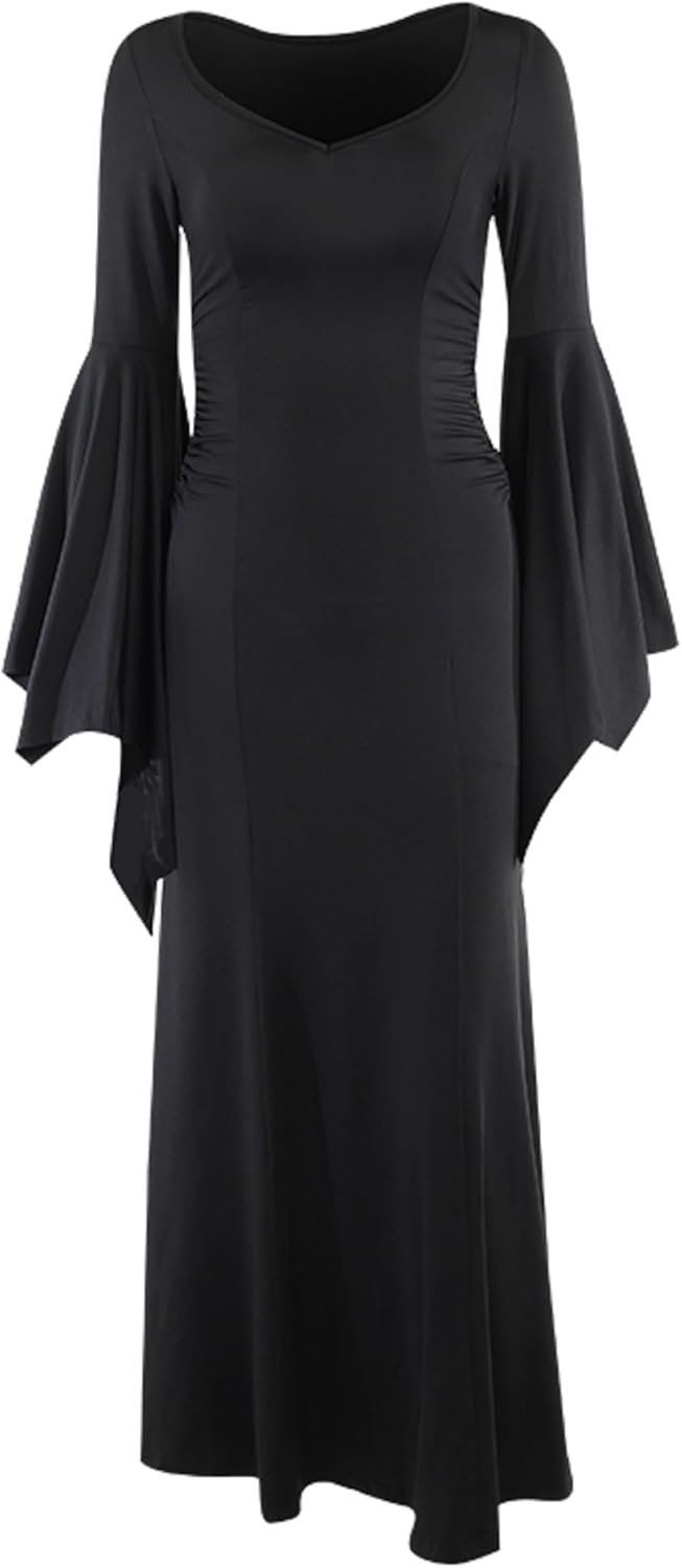 TSMNZMU Gothic Maxi Dresses for Women Dark Style Slim Long Dresses Long Flare Sleeve V-Neck Vintage Evening Dress - Image 8