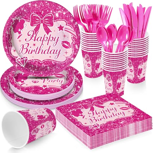 Hot Pink Dolls Themed Party Supplies for Girls Pink Birthday Party Princess Party Decorations Disposable Tableware Set With Plates Cups Napkins & Cutlery For 20 Guests