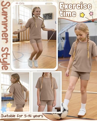Image of Oakgarden Summer Outfits for Girls 5-14Y Athletic Casual Sets Kid Short Sleeve Shirt Bike Shorts 2 Piece Tween Trendy Clothes