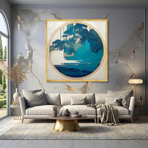 Tableau circulaire bleu paysage abstrait géométrique 50x50cm impression toile