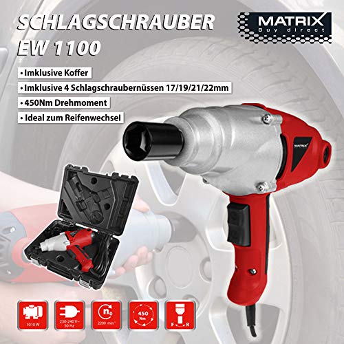 Matrix 120100230 Schlagschrauber Elektro, 1000 Watt, 450 Nm, mit Koffer, 3m Kabel, Reifenwechsel Auto, rot, schwarz – Bild 5