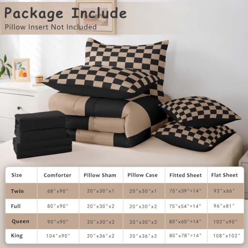 Image of Feelyou Checkered Retro Comforter Set with Sheets 7 Piece King Size Brown Plaid Bed in a Bag Kids Boys Girls Geometric Vintage Bedding Set Modern Simple Groovy Aesthetic Bedroom Decor Breathable Soft