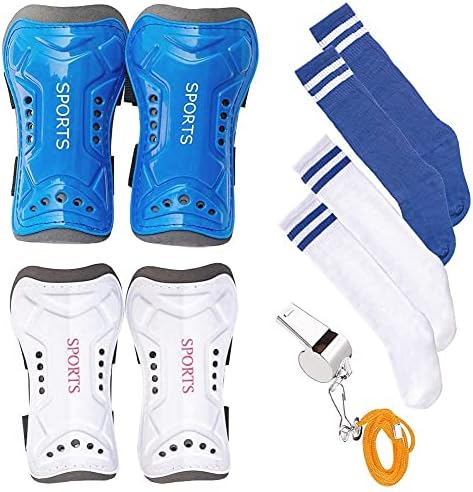 Wrzbest 2 Pair Kids Soccer Football Shin Guards Protector Calf Knee Protective Gear and 2 Pair Long Sleeve Socks with Professional Referee Whistle for Teenagers,Boys,Girls,Kid,Youth (Age 5 to 13)