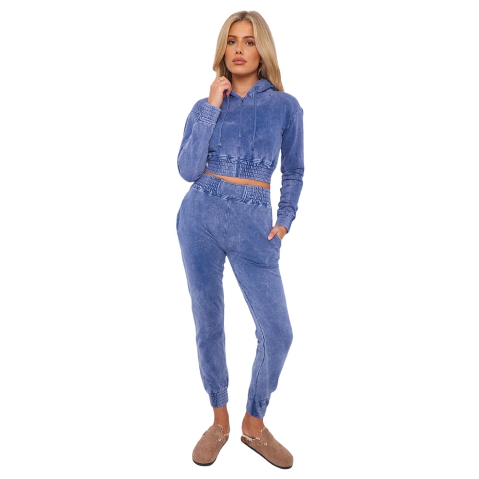 Zestaw dresów damskich, Acid Washed Crop Hoodie Zip Up Fleece Cuffed Joggers, Odzież gimnastyczna Zestaw damski, Zestawy odzieży wypoczynkowej z elastyczną talią UK, aktywna bluza z
