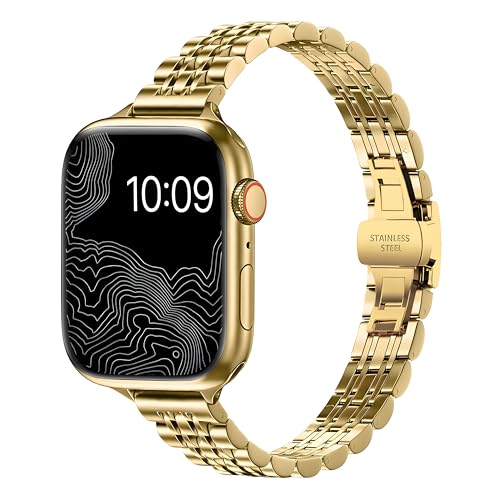 Bracelet fin en acier inoxydable compatible avec Apple Watch 42 mm, 41 mm, 40 mm, 38 mm, bracelet de rechange réglable pour iWatch Series 10 9 8 7 6 5 4 3 2 1 SE - Élégant bracelet en métal pour femme