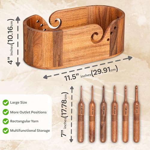 Image of Rosewood Yarn Bowl with 6 Crochet Hooks for Knitting Crochet