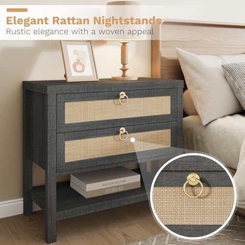 Image of Eclatara Large Rattan Night Stands:Boho Nightstand with Drawers and Storage Shelf,Black Oak Bedside Table End Table Side Table for Bedroom(Black Oak,1 Piece)