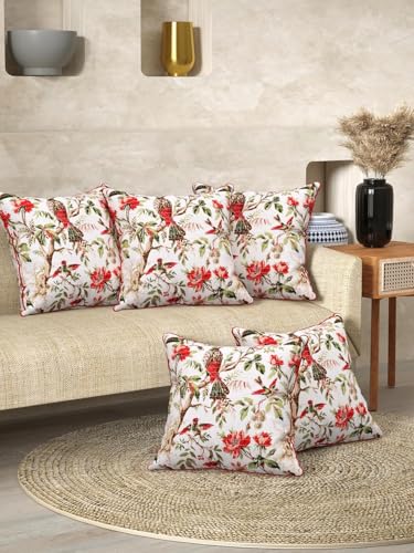 Image of Jaipur Weaves Cushion Cover 16 inch x 16 inch - Pure Cotton, Decorative Soft Floral Cushions for Sofa /Bed /Chair, Gift for Home Decor (5, Red Bird)