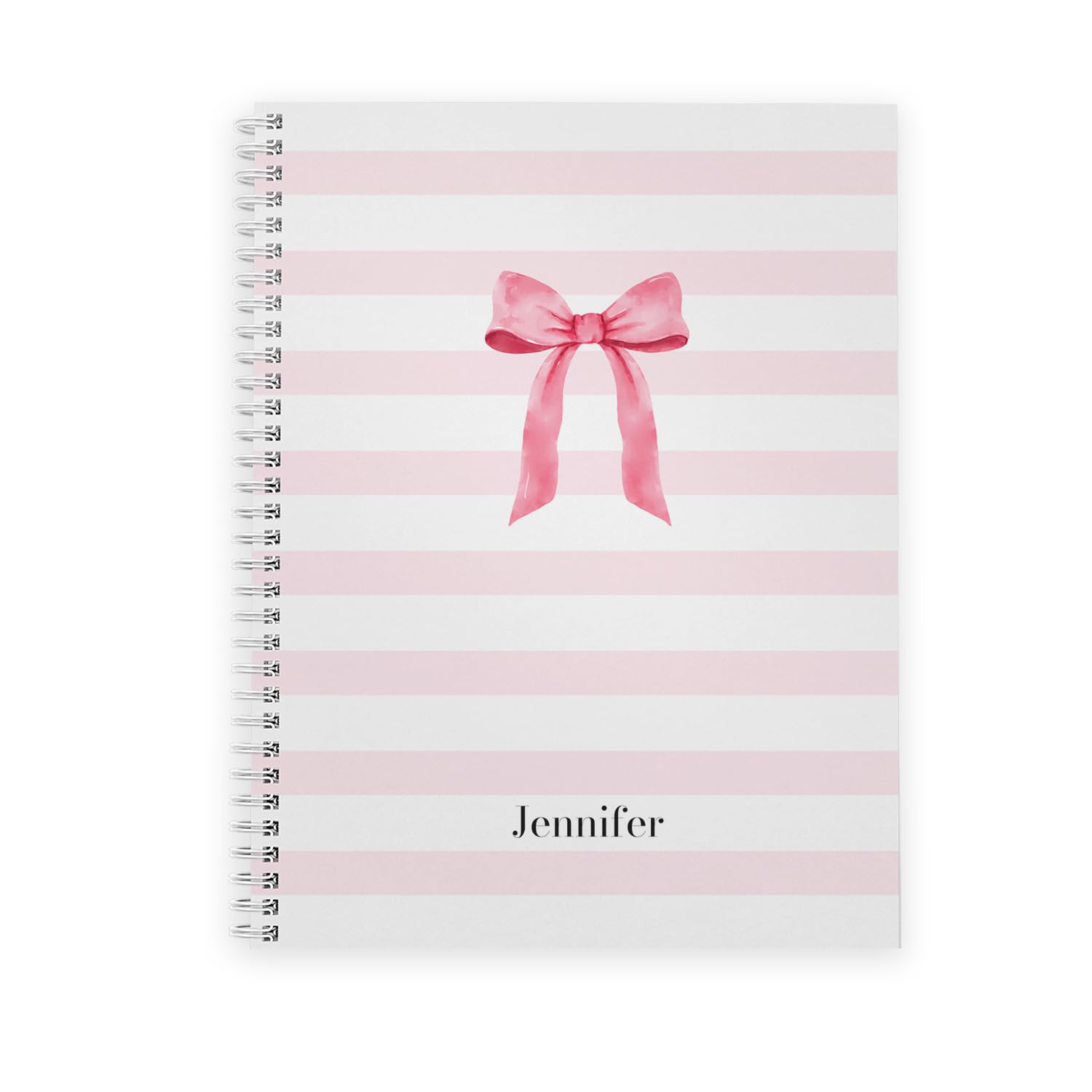 Custom Name Pink Bow Spiral Notebook / 8.5" x 11" Striped Personalized Name Print Journal / 120 Custom Pages/Durable Gloss Laminated Softcover/White Wire-o Spiral/Made In USA