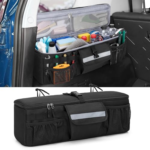 GRAOSO Car Trunk Organizer Compatible with Toyota FJ Cruiser 2007-2021, Rear Storage Bag with 3 Pieces of 1.5” Wide Hook&Loop Tapes, 2 Adjustable Hanging Loops, Multiple Pockets, Black