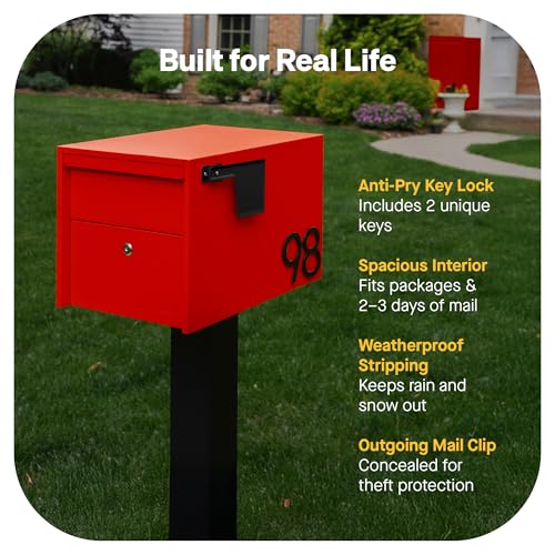 Image of Adoorn Lockable Post Mount Mailboxes for Outside - Small Anti-Theft Locking Mailbox for Packages and Letters - Weatherproof Construction - Durable Steel - 12 inch H x 12 inch W x 18.5 inch D - Red