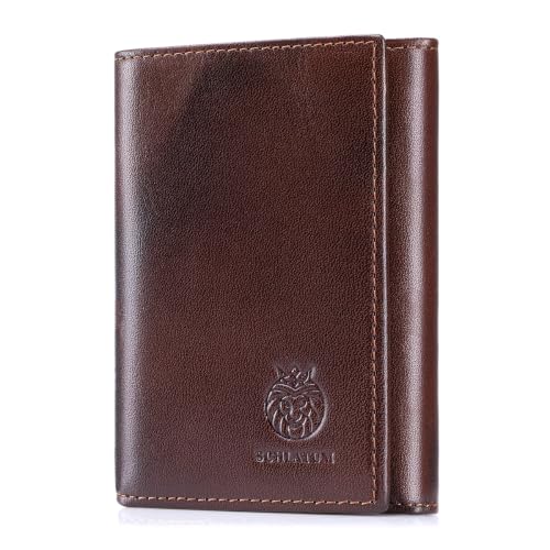 Image of Trifold Wallets for Men RFID Blocking Full Grain Leather Short Mens Wallet with Snap Closure, 8 Card Slots, Clear ID Window, Coffee