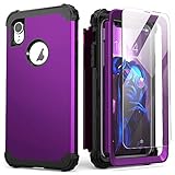 IDweel for iPhone XR Case with Tempered Glass Screen Protector, 3 in 1 Shockproof Slim Hybrid Heavy Duty Hard PC Cover Soft Silicone Bumper Full Body Case for iPhone XR 6.1 Inch,Navy Purple