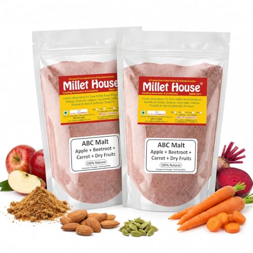 Image of Millet House ABC Mix Malt Powder | Apple, Beetroot, Carrot + Dry Fruits | No Preservatives | No Refined Sugar | Natural Health Drink for Kids & Adults | Ready-to-Mix | 400g Pack