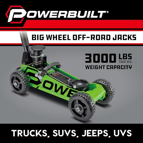Image of Powerbuilt 1.5 Ton Big Wheel Off Road Jack, Vehicle Lift for Trucks, SUVs, ATVs Offroad Vehicles, Oversized Wheels for Rugged Terrain, 3000 LB Capacity, Green 620628ECE
