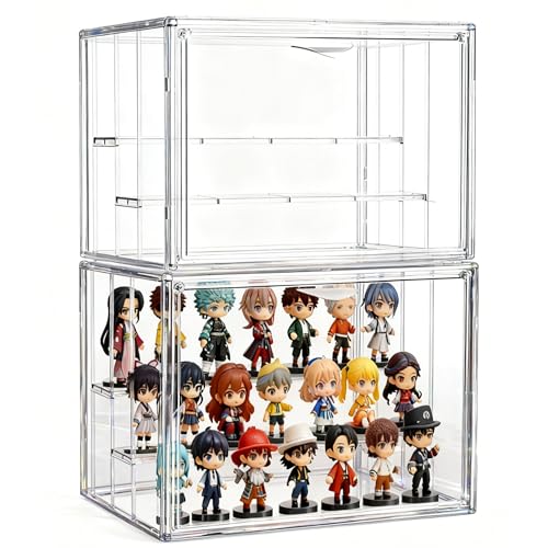 Image of Attelite Acrylic Display Case for Collectibles 3-Tier Adjustable 2Pack | 2 Adjustable Dividers,Clear 360 Visibility, Stackable Acrylic Box ,Strong Magnetic Door Closure,Dustproof Protection