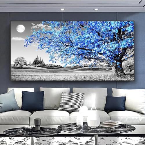 Peinture arbre bleu moderne grand format toile paysage noir et blanc salon
