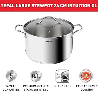 Tefal Intuition XL B8646304 Large Stainless Steel Cooking Pot 26 cm / 6.5 L, Induction, 5 Year Warranty, Premium 18/10 Stainless Steel, Size XL, Sturdy Handles, Glass Lid