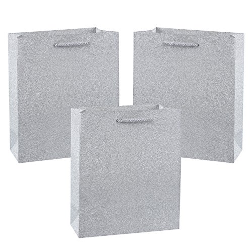 LaRibbons Glitter Gift Bags, 8 x 4 x 10, Medium Size Silver, 10 Pack