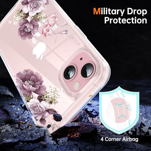 Image of Elzzi Clear Transparent Flower Cover for iPhone 13 Case Shockproof PC+TPU Back Cover with Full Camera Protection Non Slippery - Deep Purple