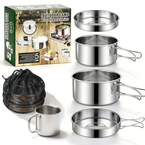 Kit De Casseroles Camping: 5PCS Portable Set De Cuisine De Camping En Acier Inoxydable, Léger Campings Batterie De Cuisine Pour Ourdoor Pique-Nique Campings Randonnée Sac à Dos