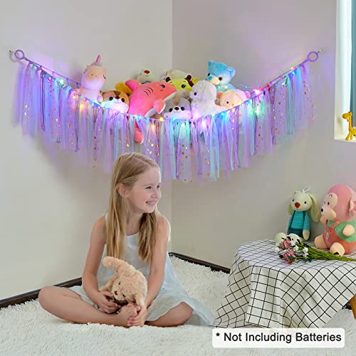 Stuffed Animal Net Or Hammock With Led Light, Fiobee Toy Hammock Hanging Stuffed Animal Storage Organizer Holder Room Décor With Tassels For Nursery Play Room Kids Bedroom #TOP1