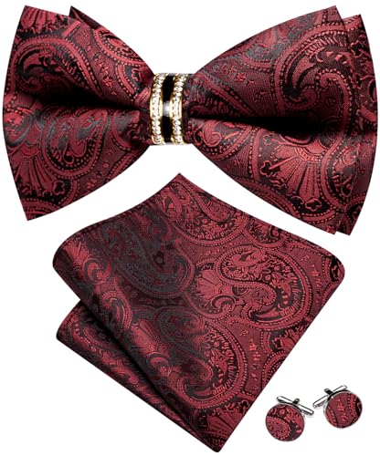 Image of YOHOWA Mens Bow Tie Set Paisley Pre-tied Bowties Adjustable with Handkerchief Cufflinks Gold Ring Set Wedding Prom Party
