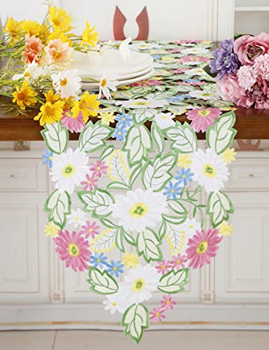 Spring Flower Table Runner Embroidered Flowery Table Placemats Floral Cutwork Table Doily Home Kitchen Dining Spring/Summer Tabletop Decoration Red (Runner 13"×54", Daisy) #TOP7