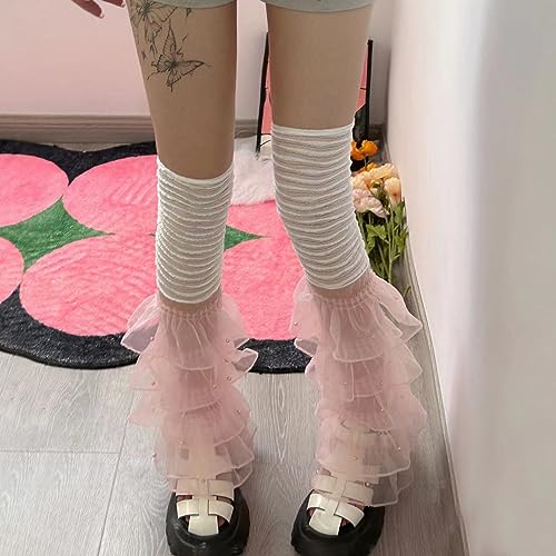 Image of Women Leg Warmers Ruffled Lace Patchwork Long Thigh High Socks Boot Cuffs Cover for Streetwear