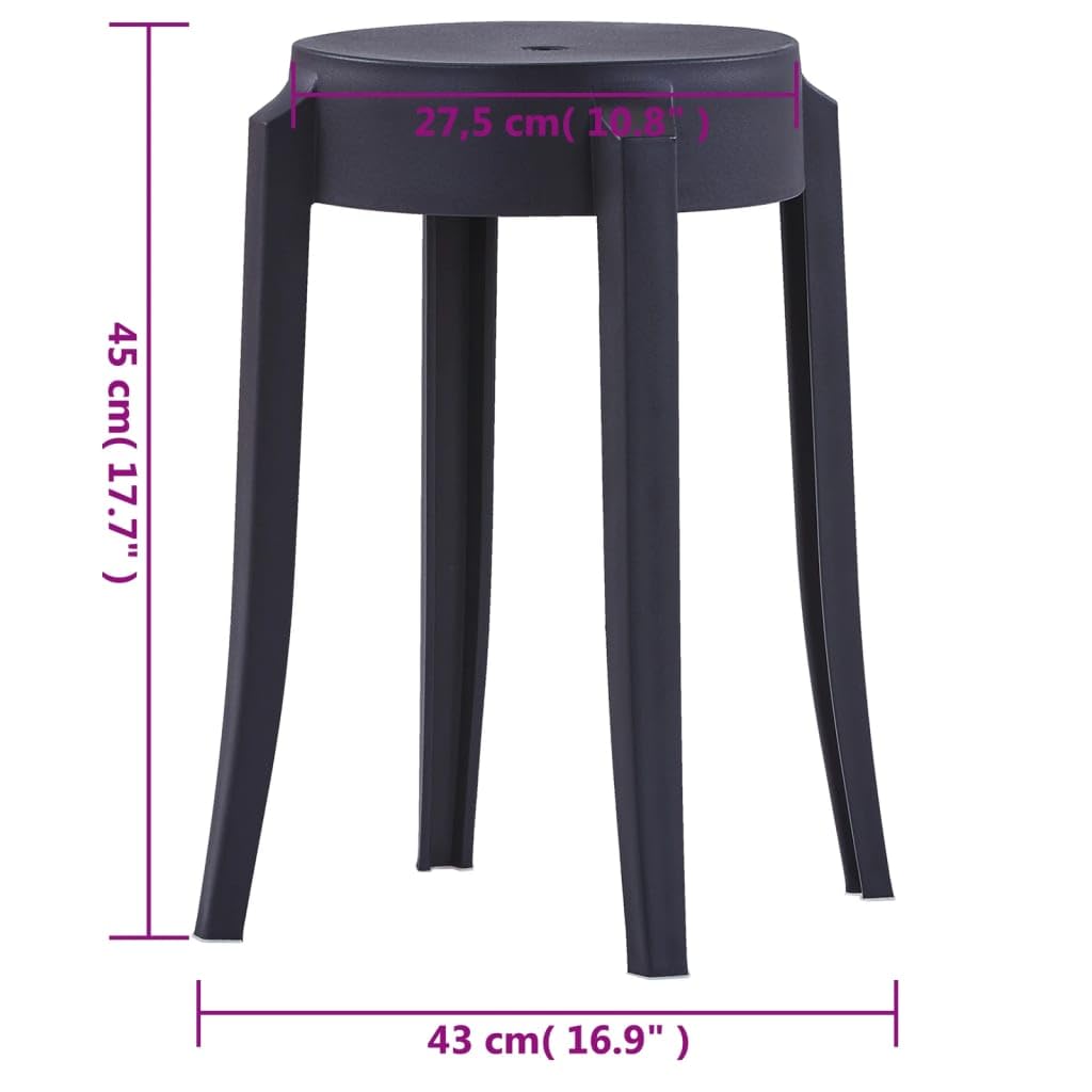 4 taborety do układania w stos, czarne tworzywo sztuczne, 43 x 43 x 45 cm, oszczędność miejsca, do kuchni, ogrodu, na balkon, taras, wytrzymały zestaw mebli