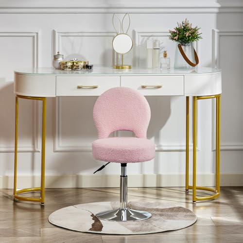 Image of Adjustable Small Vanity Stool Chair with Folding Back for Teenager | 360 Swivel Vanity Chair for Makeup | Teddy Fabric Ottoman Stool for Bedroom Living Room | Small | Pink