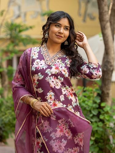 Image of Naixa Women's Rayon Embroidered and Printed Straight Kurta with Pant and Dupatta Sets Ethnic Wear, Rayon Fabric (NX2-507)